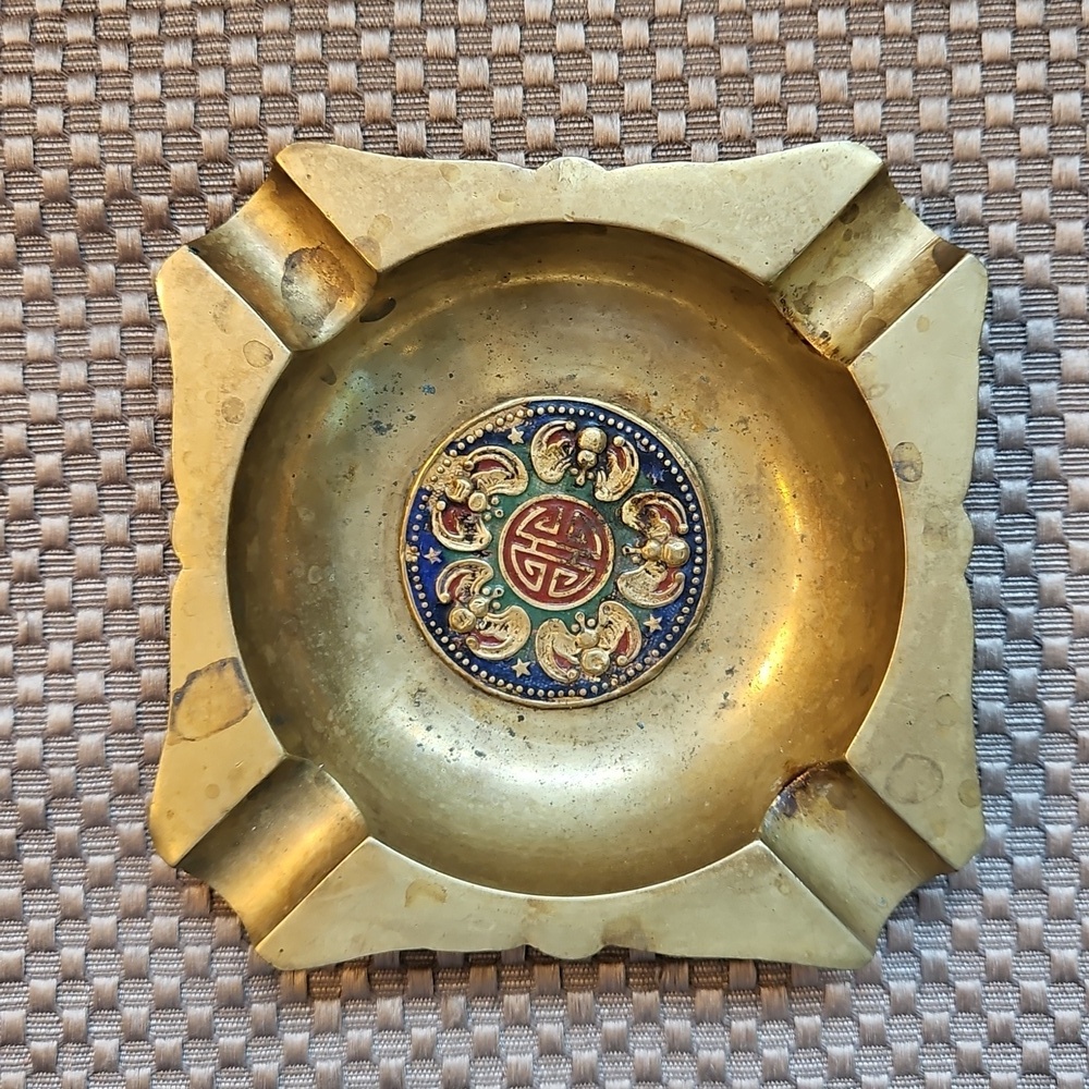 Vintage Brass Enamel Bats Chinese Ashtray